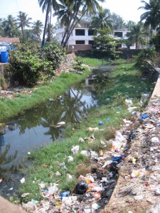 Dumped waste and sewage behind hotels at Colva Creek